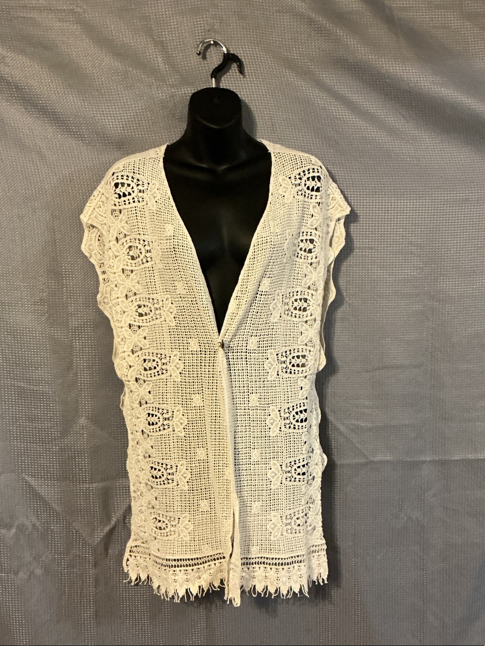 Anthropologie Cream Crochet Fringe Open-Front Poncho
